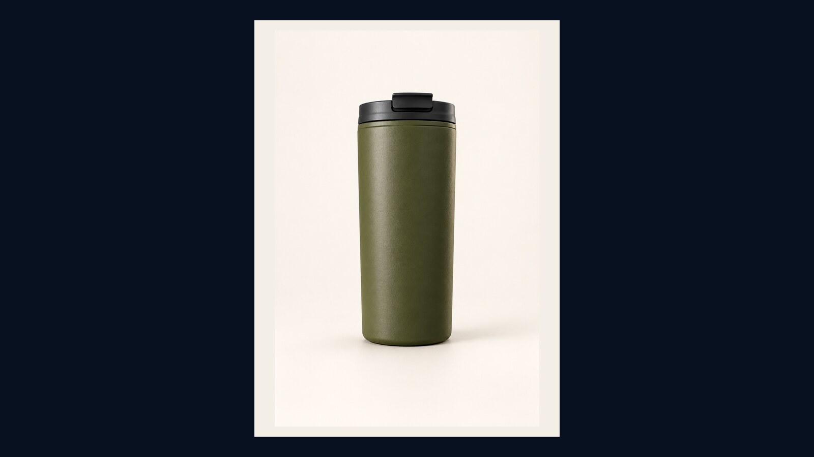 Clean olive travel cup product reference beside the approved campaign world.