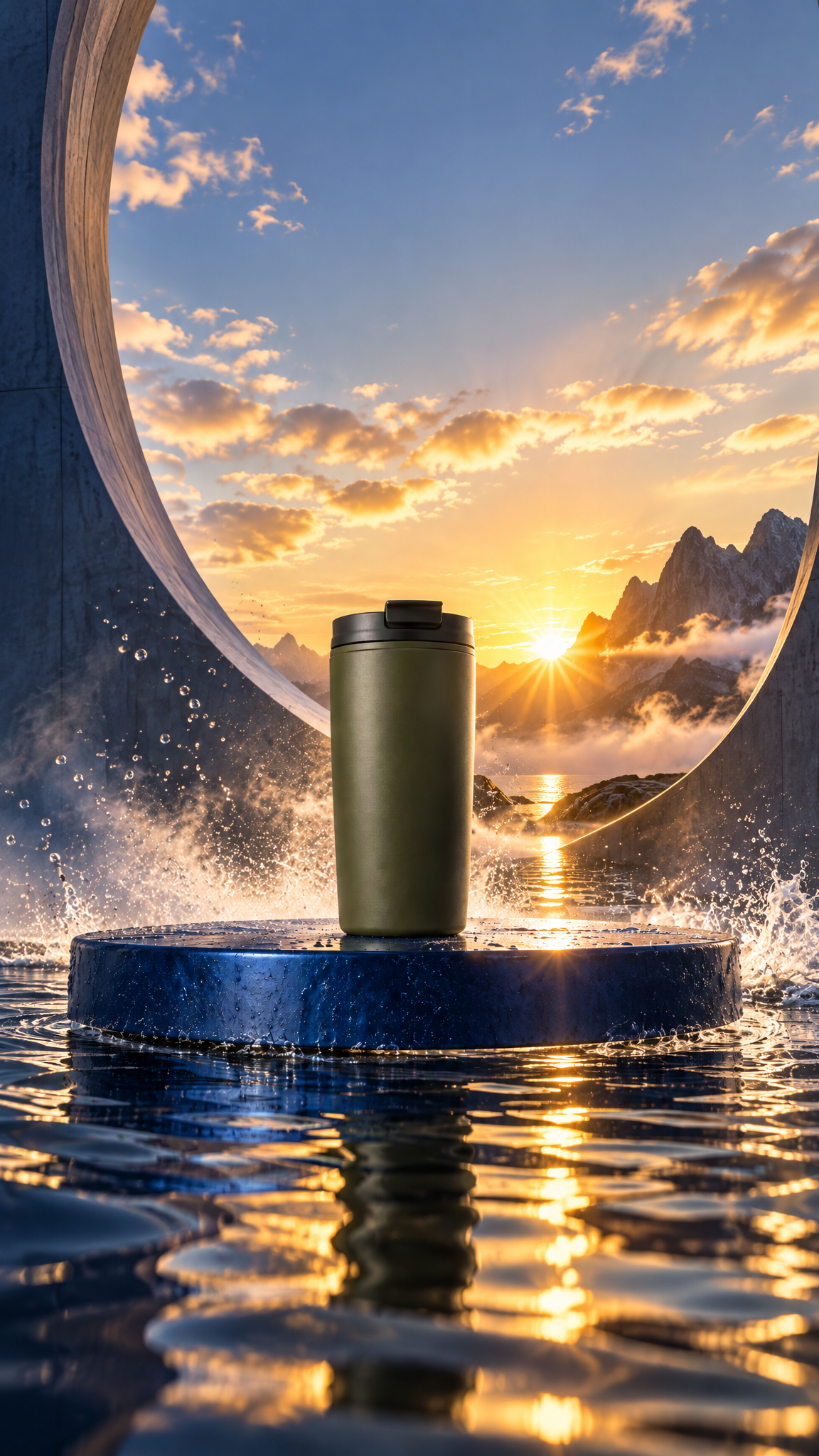 Vertical campaign image with an olive travel cup framed below a mountain sunrise.