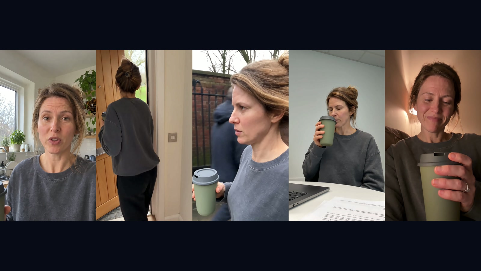 Five frames follow the creator and olive cup from morning at home through work to evening.