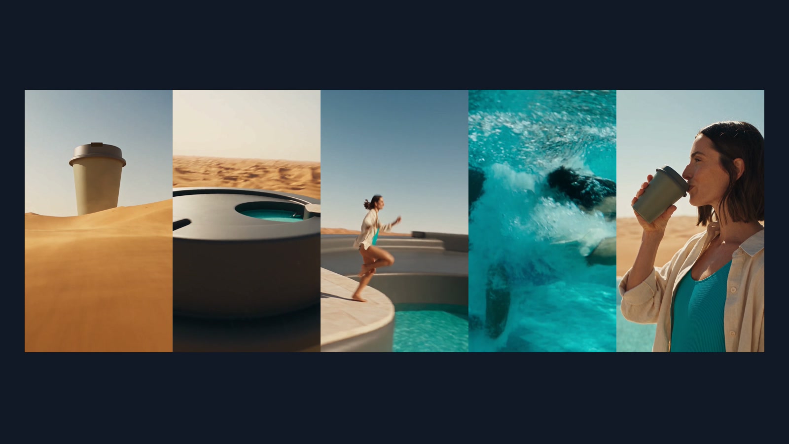 Five frames show the giant cup, lid pool, running jump, underwater splash, and final drink.