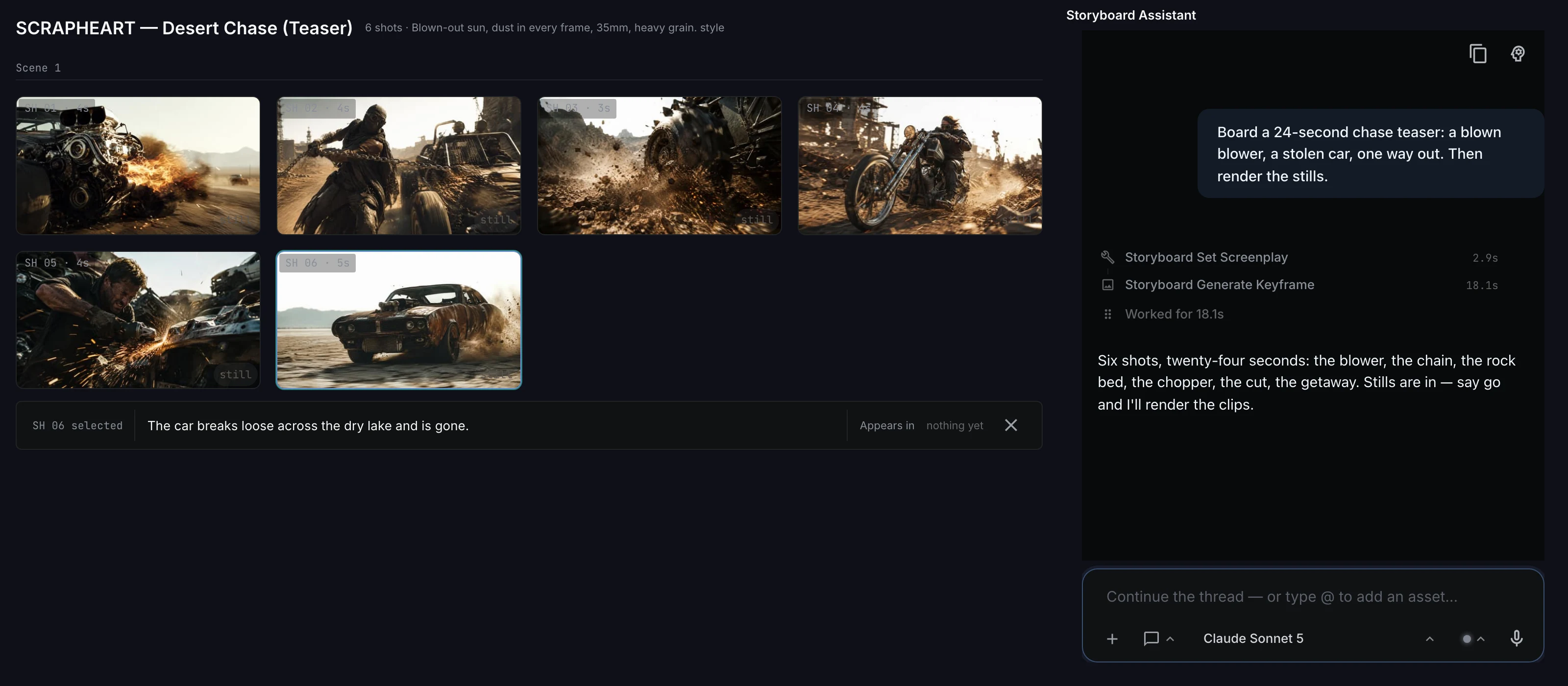 NodeTool's storyboard: a grid of six shot cards — The blower, The chain, The rock bed, The chopper, The cut, The getaway — each with its still, its shot number and length, and its status, over the inspector for the selected shot, next to the assistant that directed them
