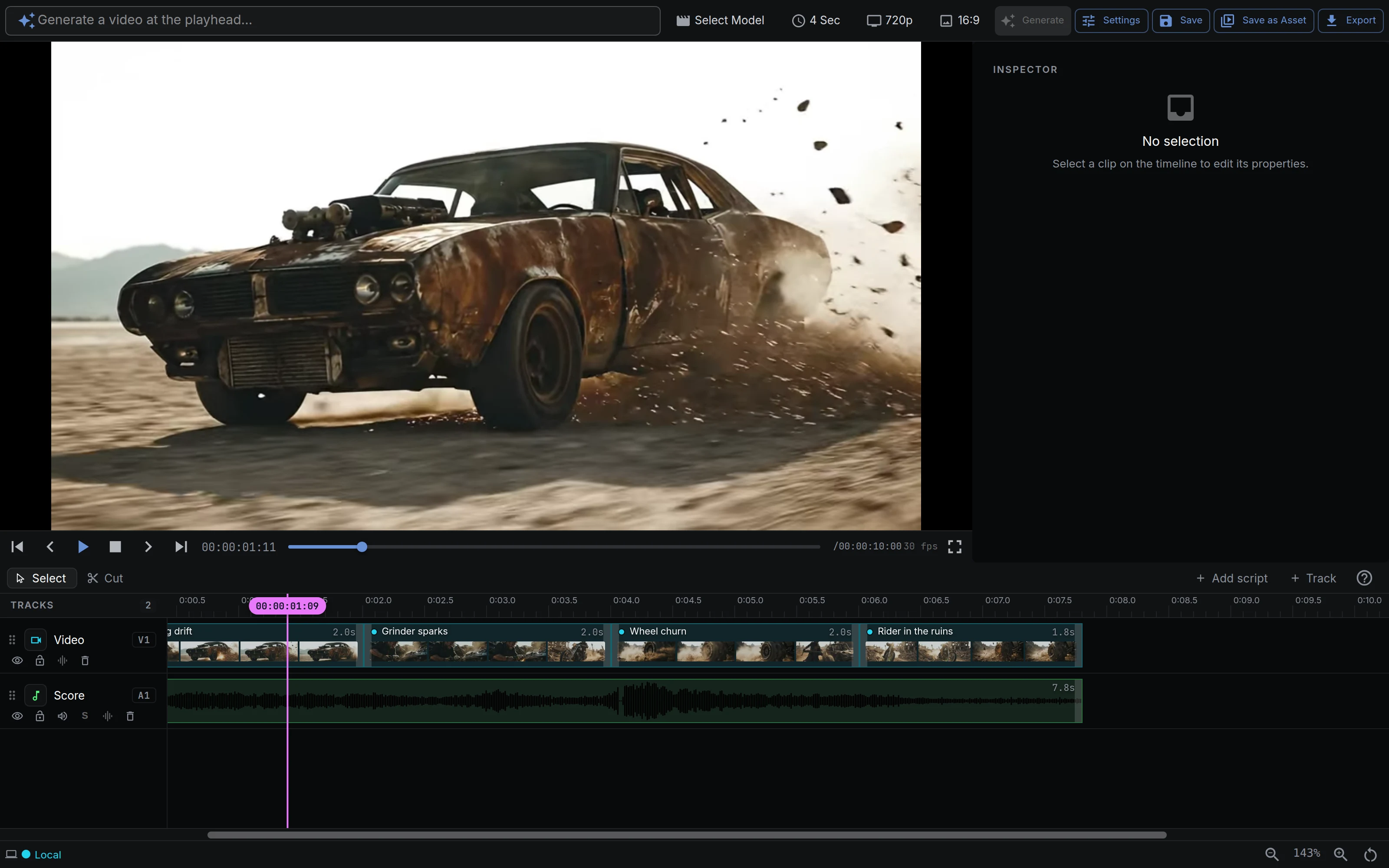 The same trailer on NodeTool's timeline: the clips sit on the video track in shot order — Opening drift, Grinder sparks, Wheel churn, Rider in the ruins — with the score's waveform on the audio track under them, the cut playing in the preview above, and Save, Save as Asset, and Export in the bar