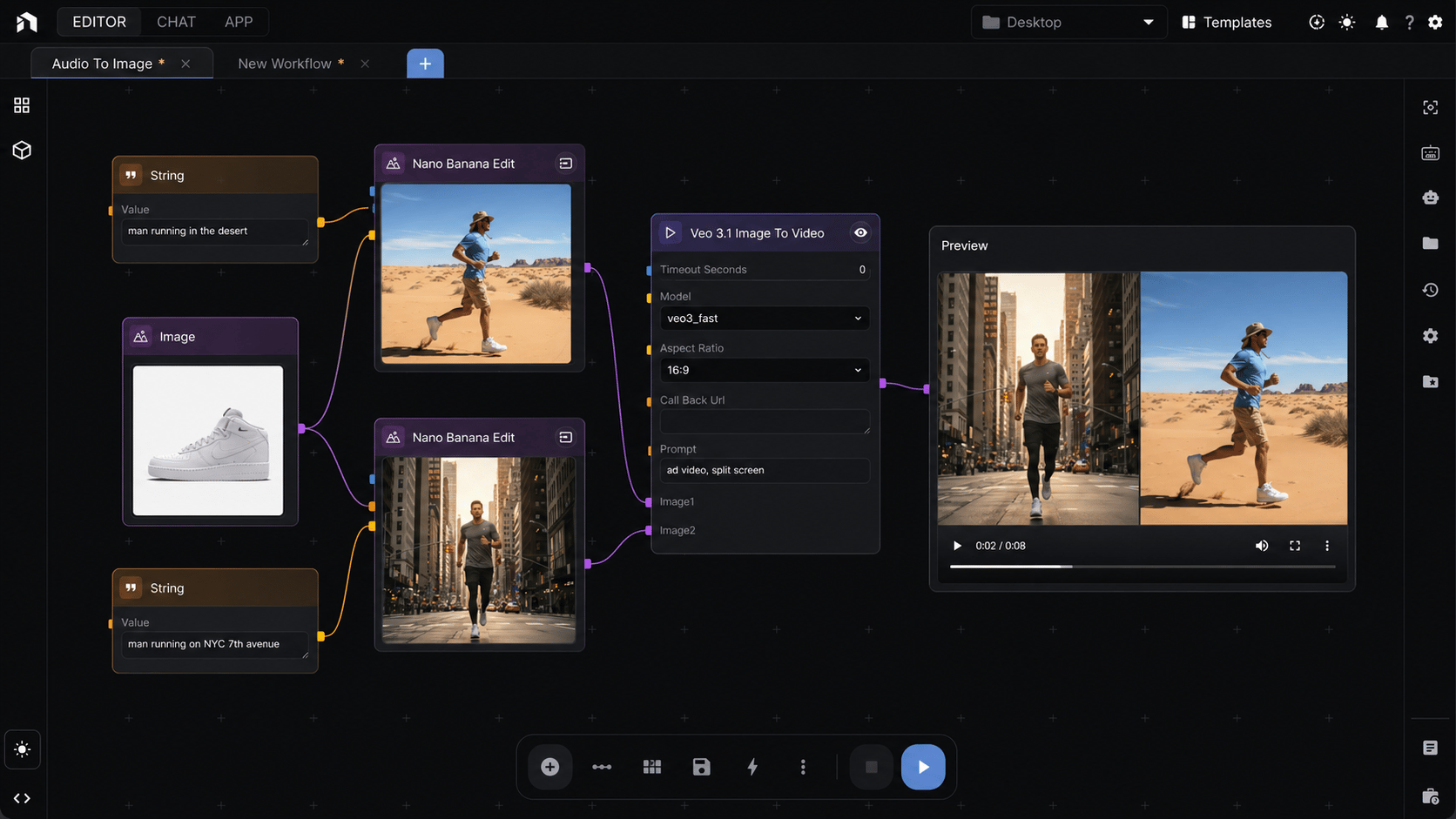 NodeTool canvas: a sneaker reference image plus two text prompts feeding two Nano Banana Edit nodes, then a Veo 3.1 Image-to-Video node producing a split-screen ad video