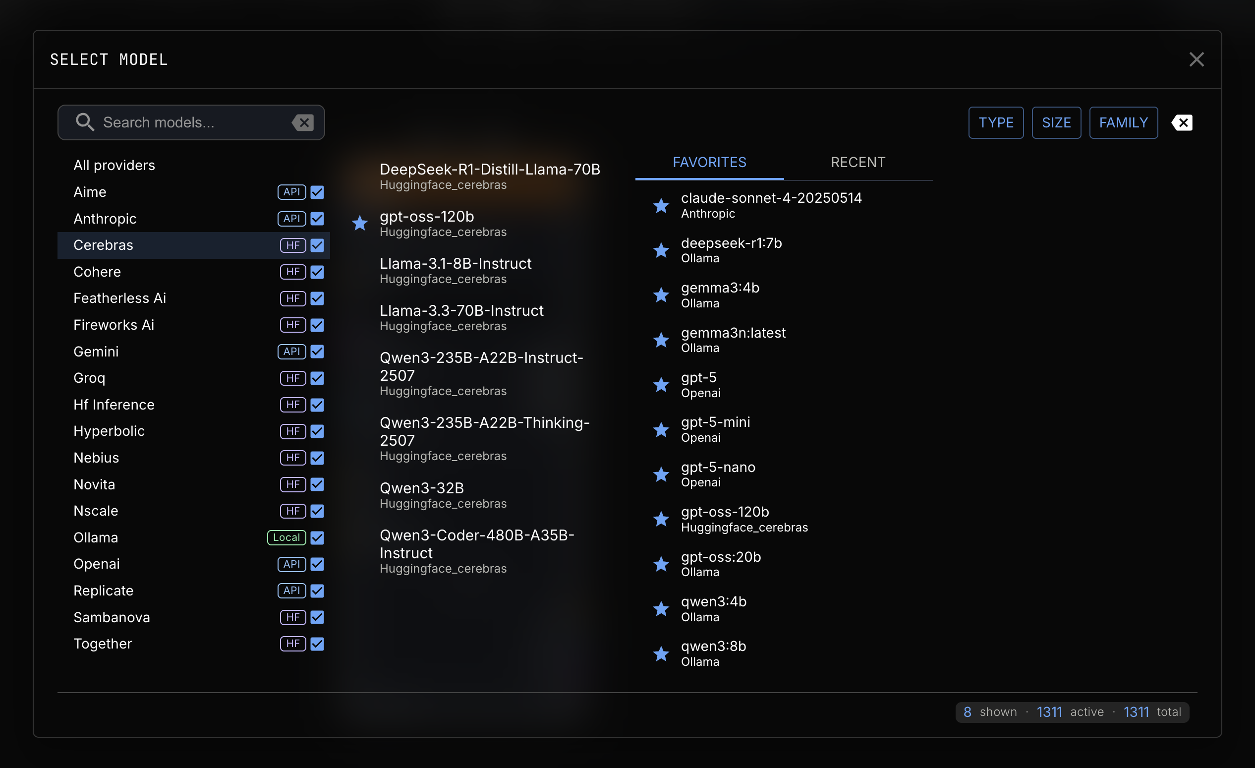 List of available LLM providers and their models including OpenAI, Anthropic, Hugging Face, Gemini and Ollama
