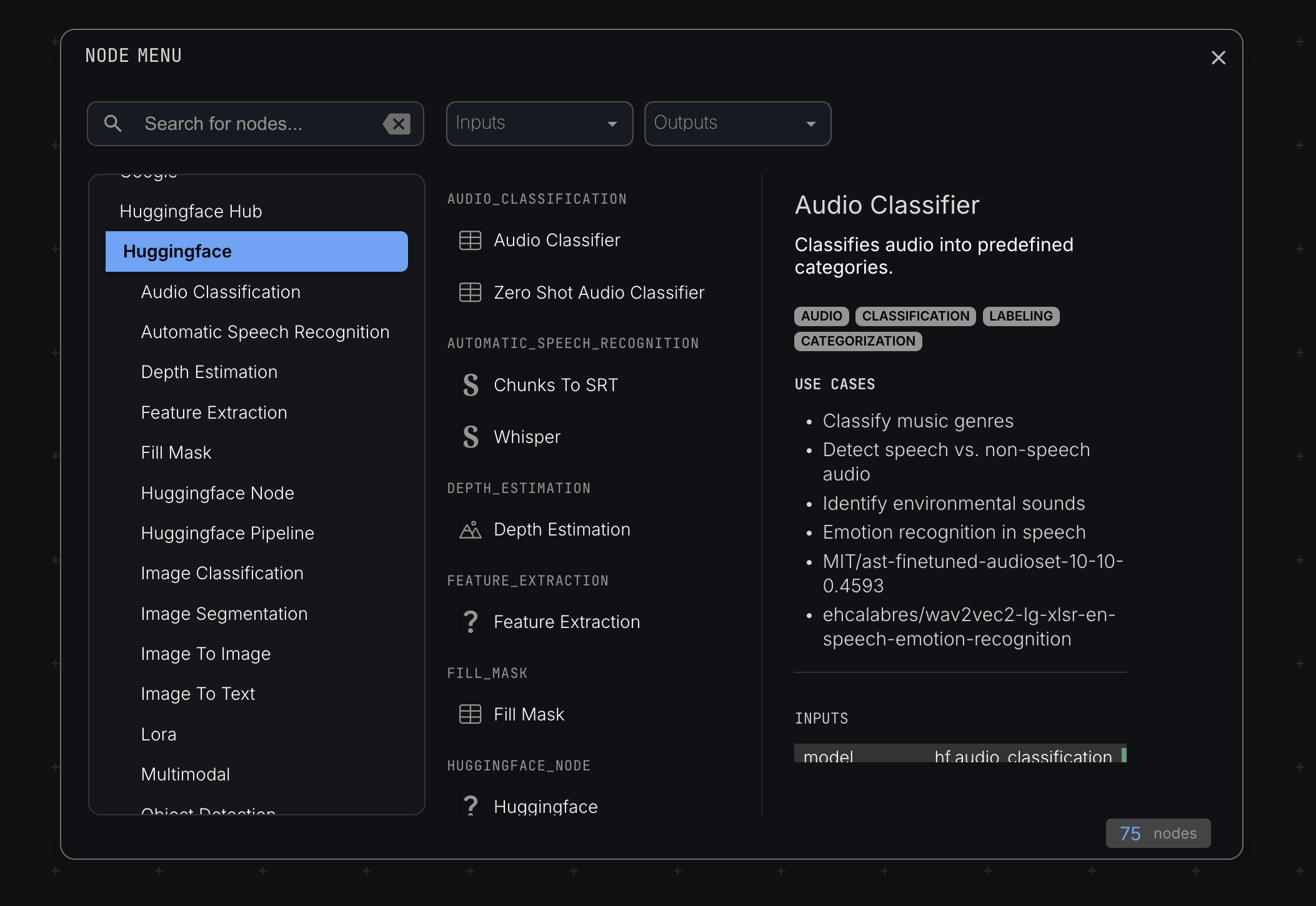 Node menu showing all available node types for computation