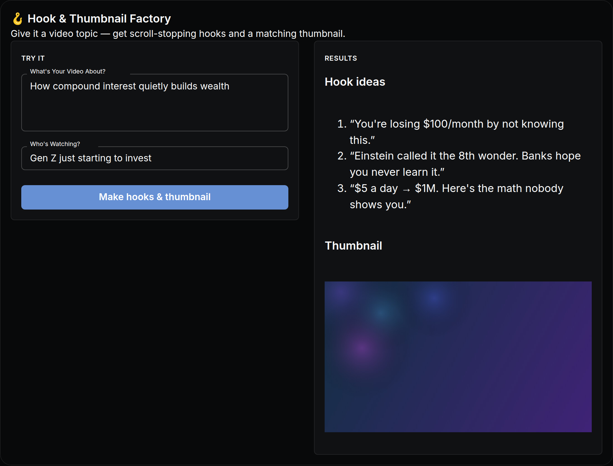 Hook & Thumbnail Factory mini app