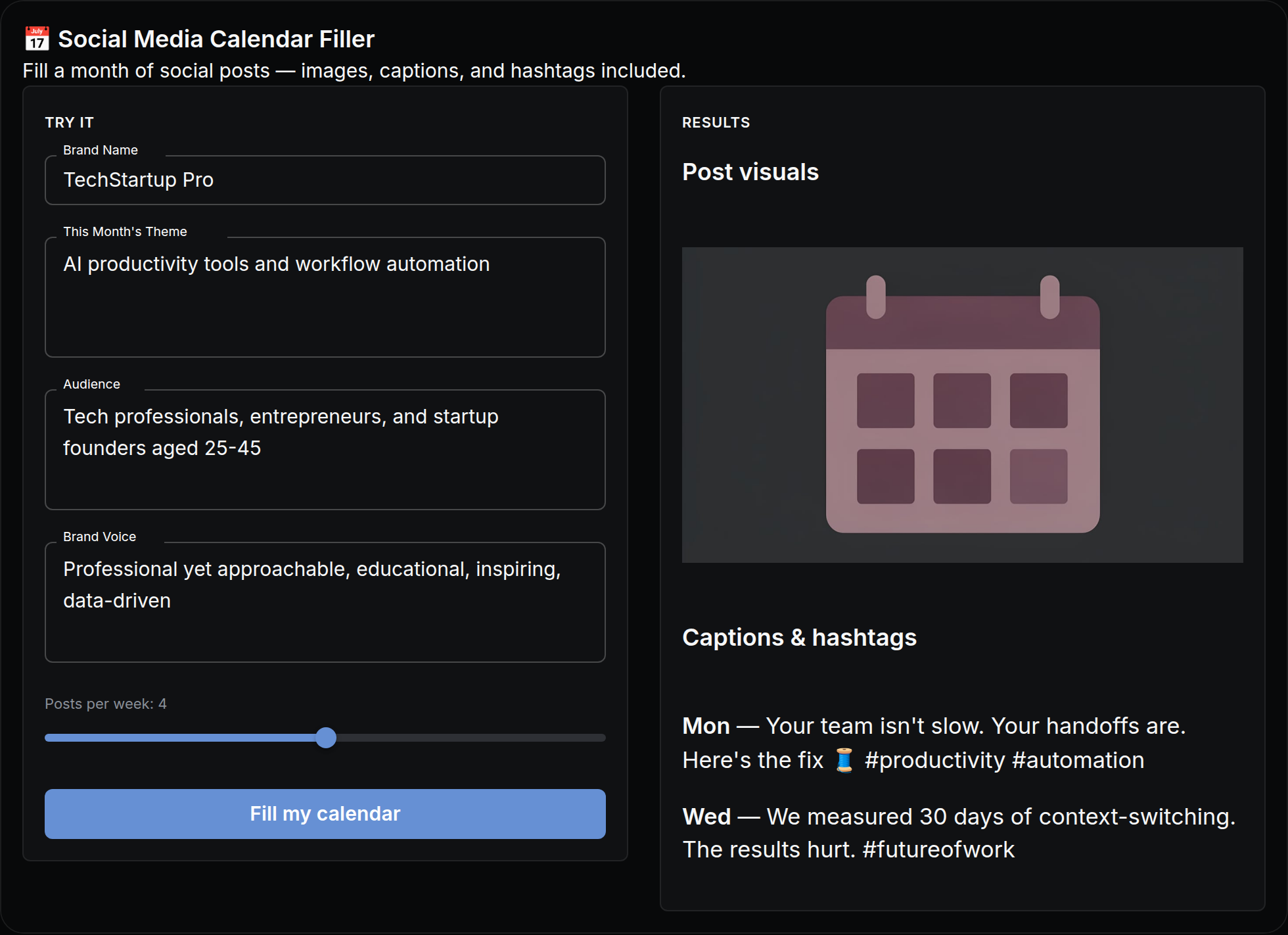 Social Media Calendar Filler mini app