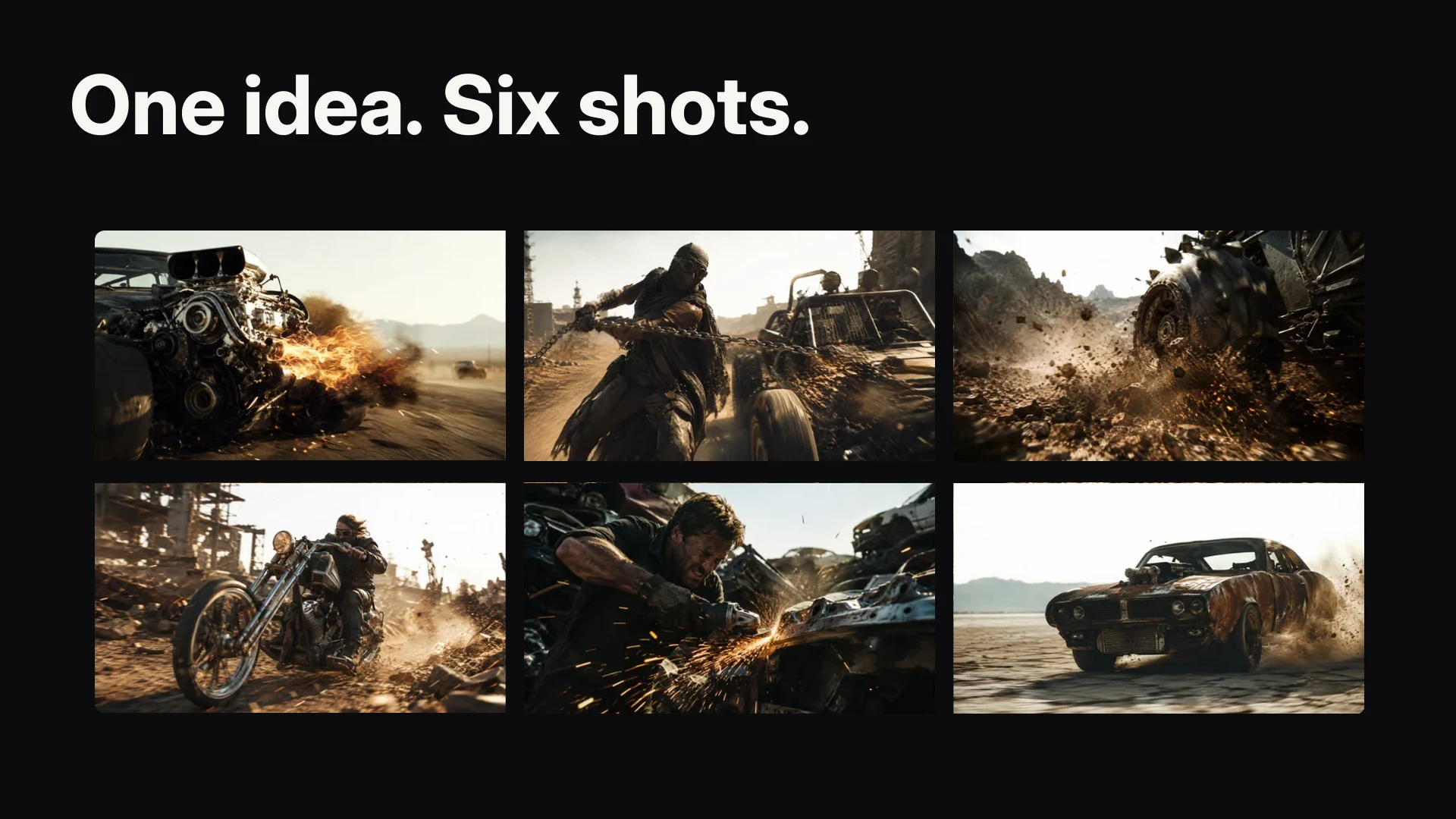 A conversation becomes a SCRAPHEART storyboard, six keyframes, an editable cut, and a saved project.
