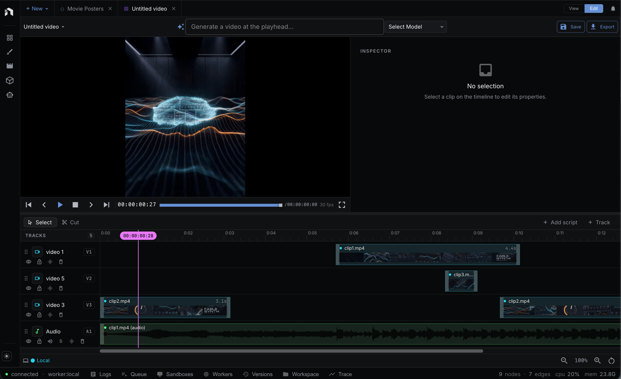 NodeTool's built-in timeline editor: a preview player above a multi-track timeline with AI-generated video clips on three video tracks and an audio waveform, plus a 'Generate a video at the playhead' prompt bar with a model selector and an Export button