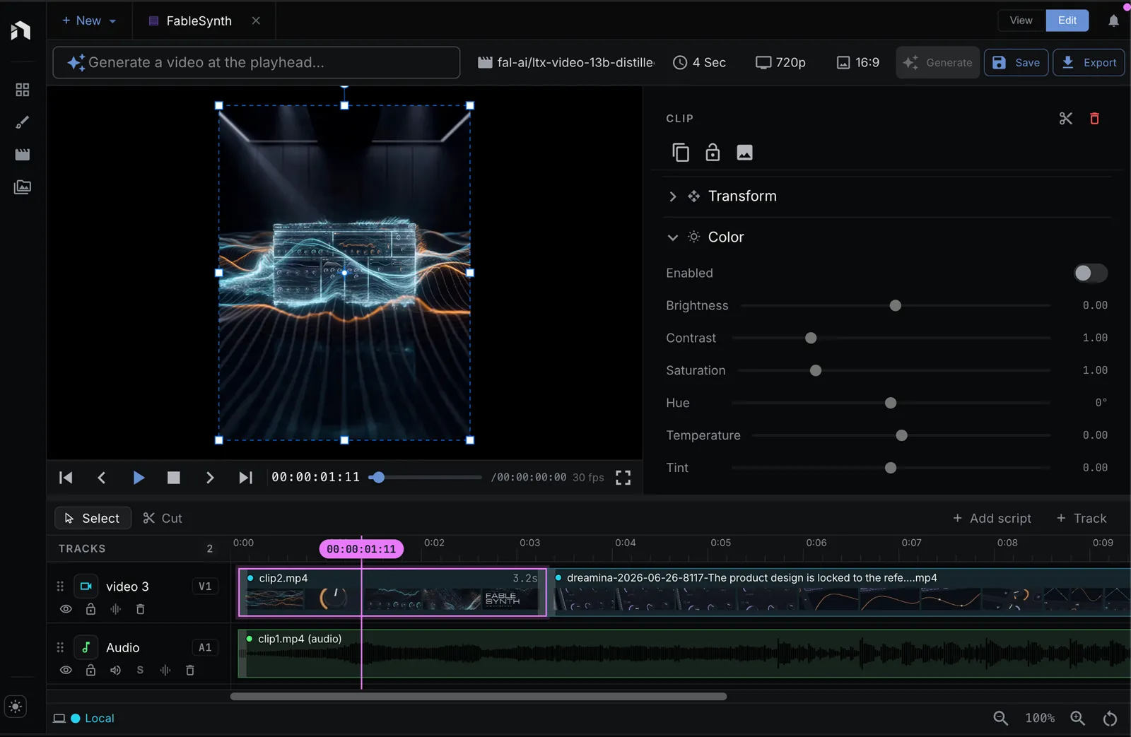 NodeTool's built-in timeline editor: a video preview with a clip inspector panel (Transform and Color controls) on the right, a multi-track timeline with AI-generated video clips on a video track and an audio waveform below, plus a 'Generate a video at the playhead' prompt bar with a model selector and an Export button