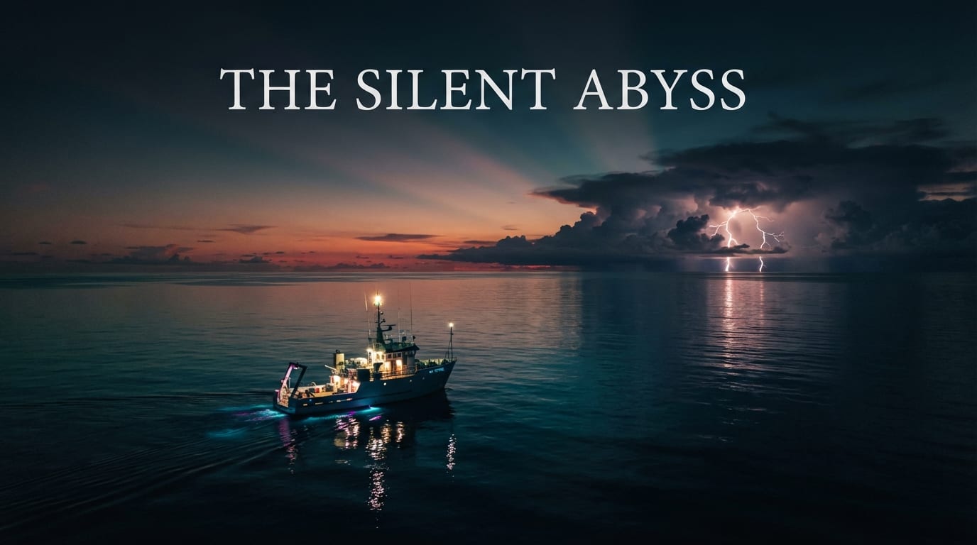 Aerial wide at dusk: lone research vessel on a glass-calm Pacific Ocean, a distant storm cell flashing on the horizon. Title card space in upper third.