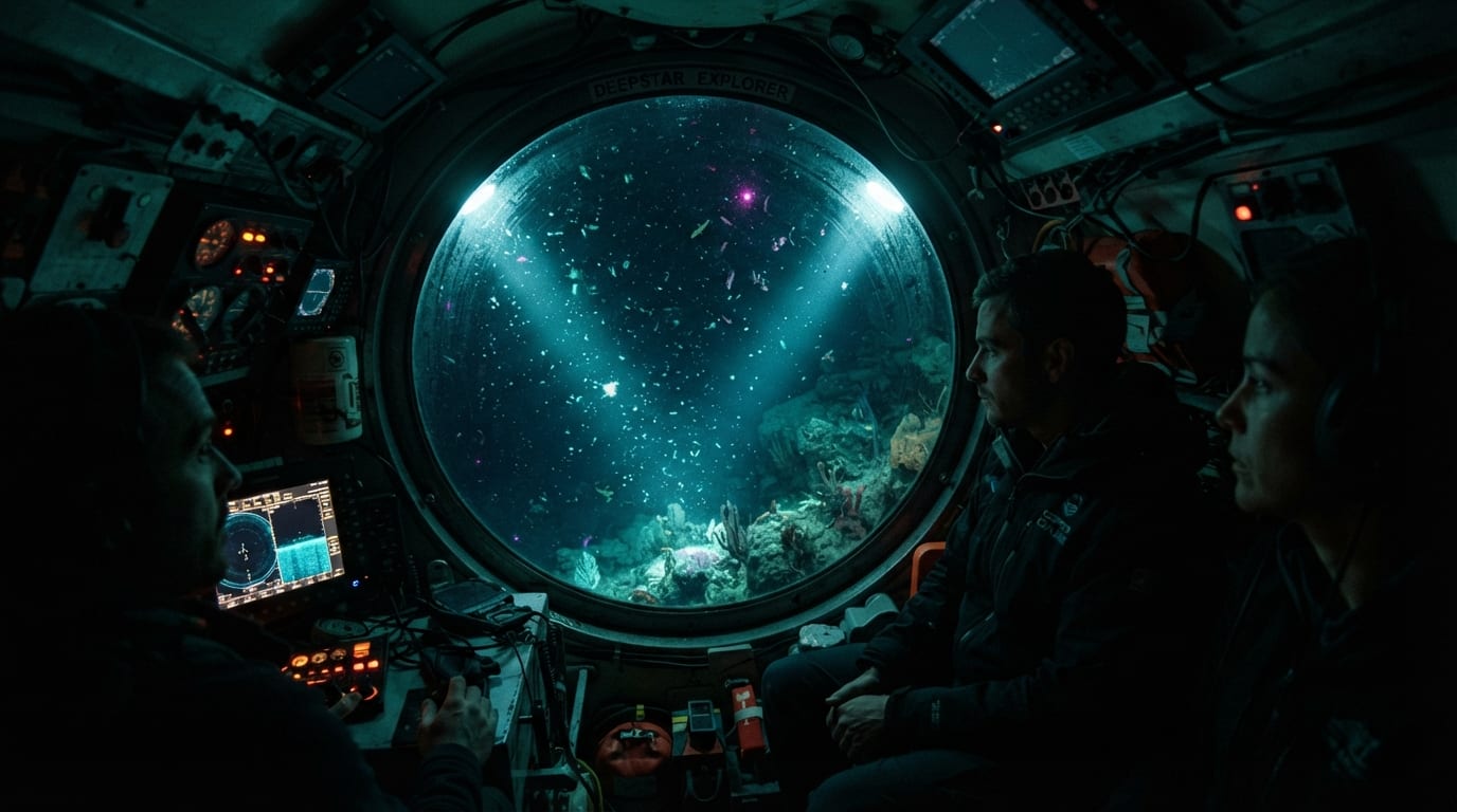 Underwater descent: a two-person submersible's headlights cutting through ink-black water, marine snow drifting upward past the porthole.