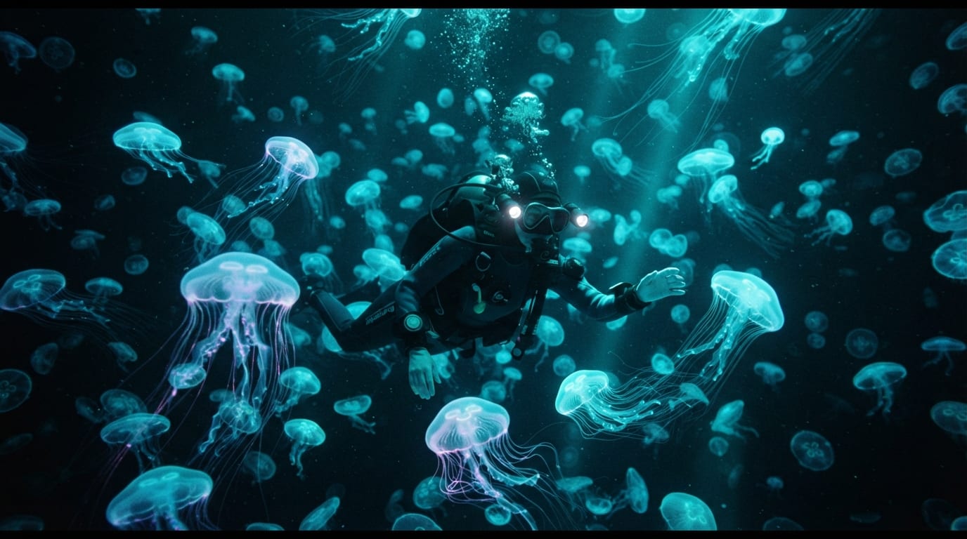 A slow drift through a field of bioluminescent jellyfish pulsing electric cyan against pure darkness, tentacles trailing like circuitry.