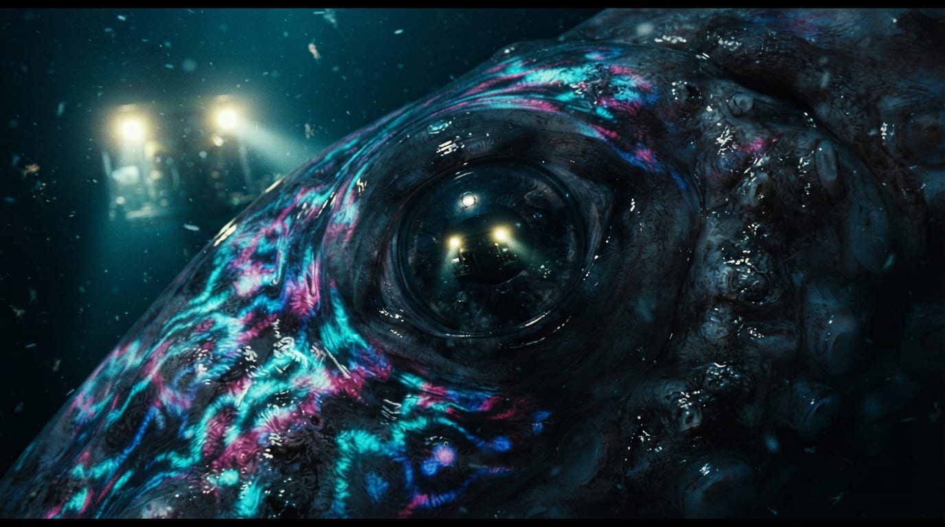 Creature reveal: extreme close-up of a colossal squid's eye reflecting the submersible's floodlights, skin rippling with chromatophore waves.