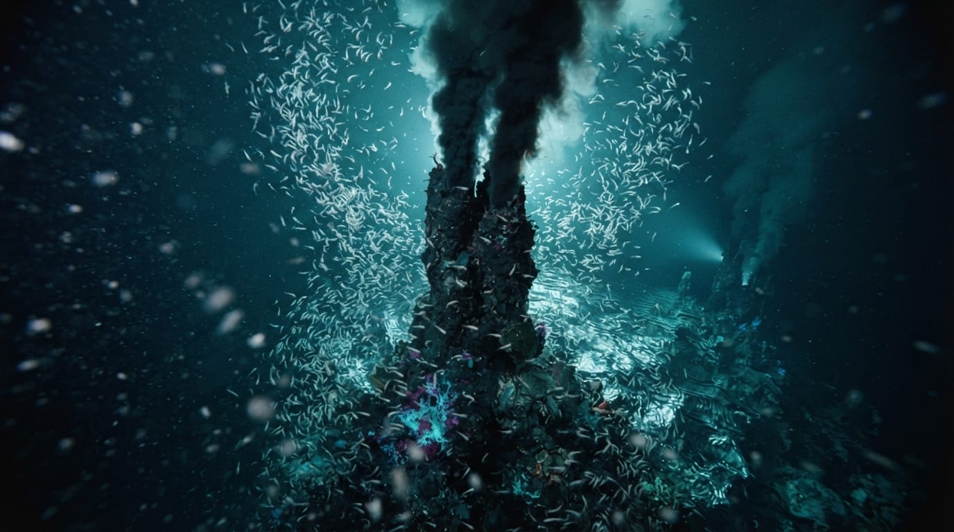 A towering hydrothermal black smoker field, superheated water shimmering, dense swarms of white shrimp circling like snowflakes in reverse.