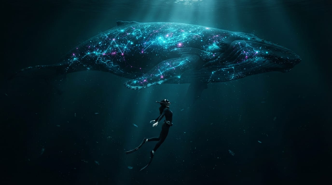 Finale: a tiny freediver suspended in the void as an immense bioluminescent whale glides overhead, its photophore pattern glowing like a mapped galaxy.