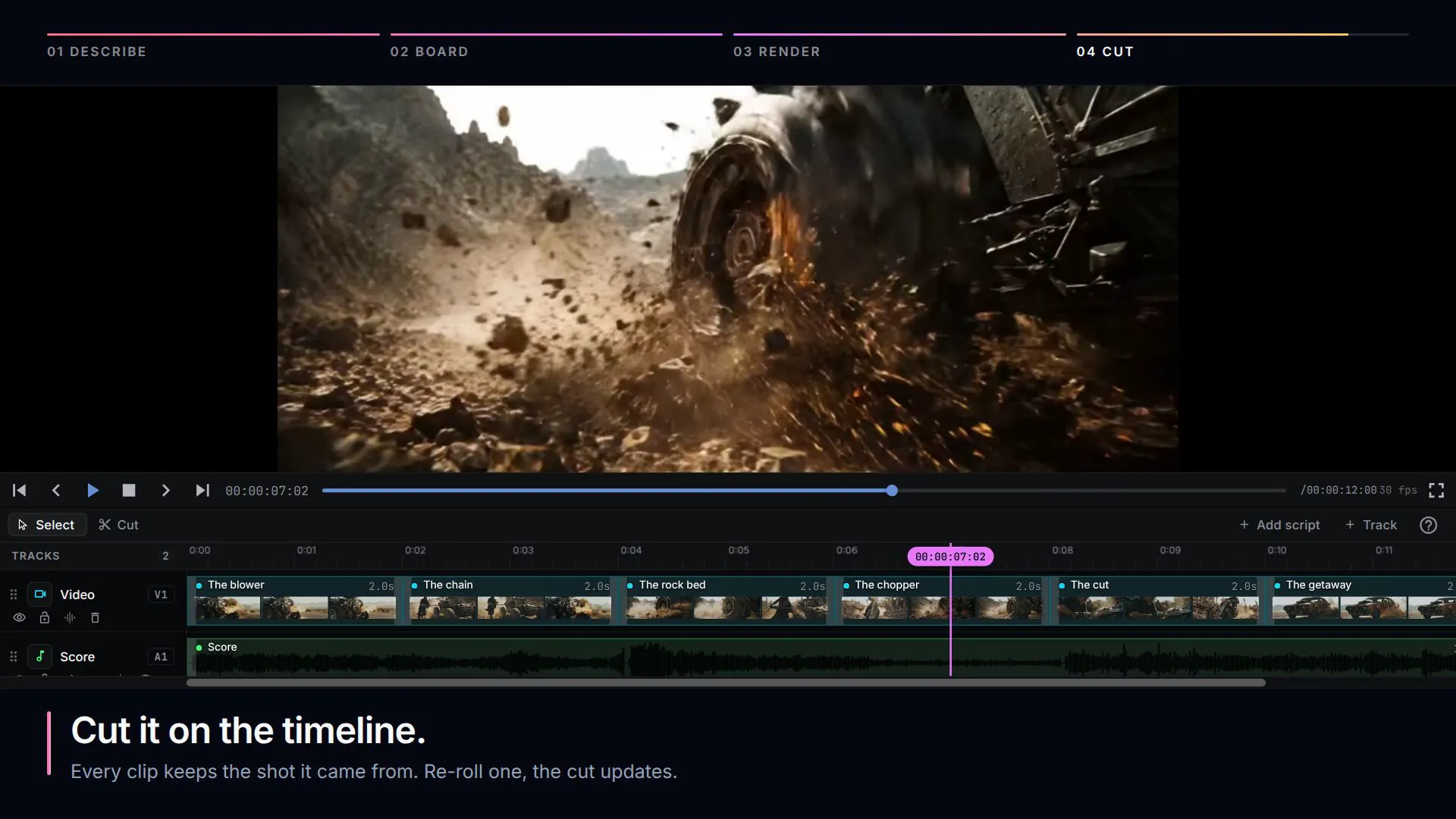 NodeTool: one sentence becomes a storyboard, rendered stills and clips, a cut on the timeline, and a finished film