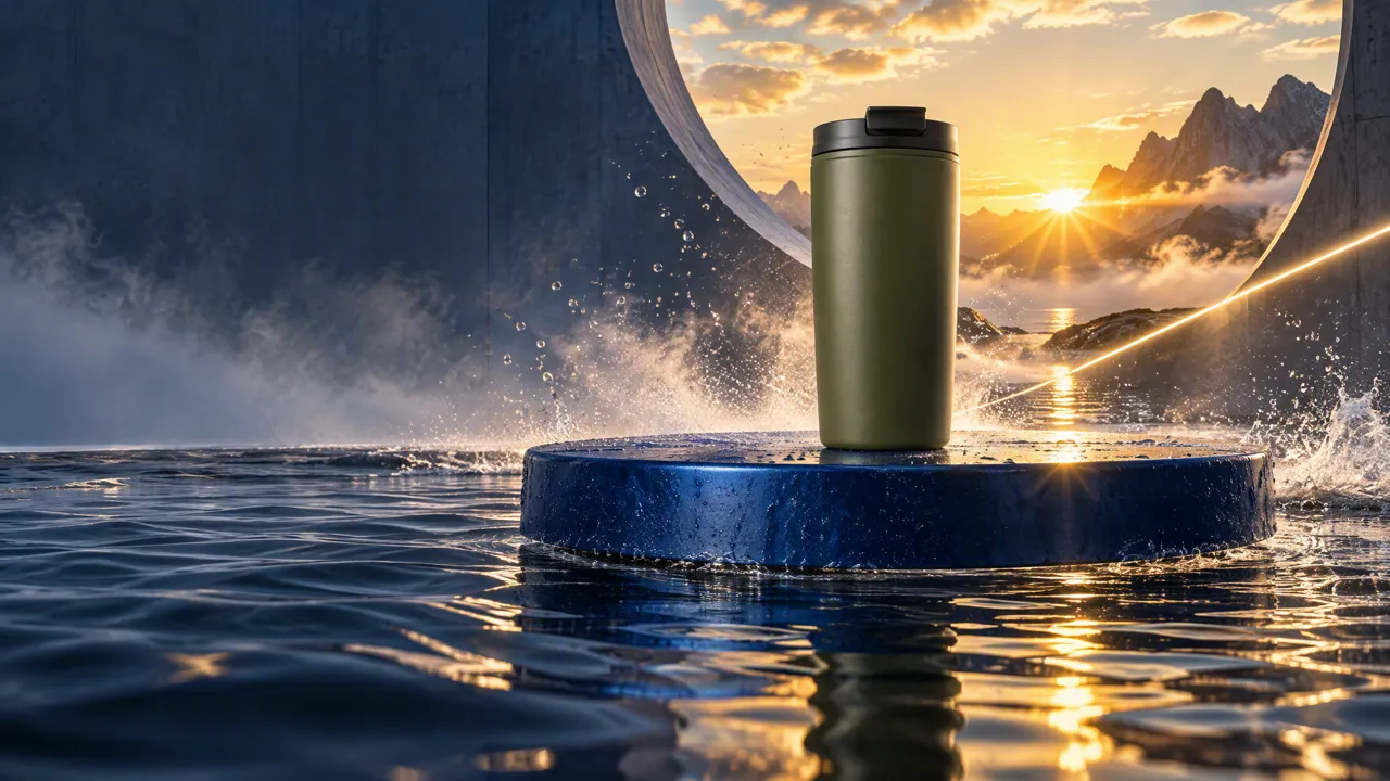 The campaign hero in 16:9: the tumbler on a blue plinth in water at sunset