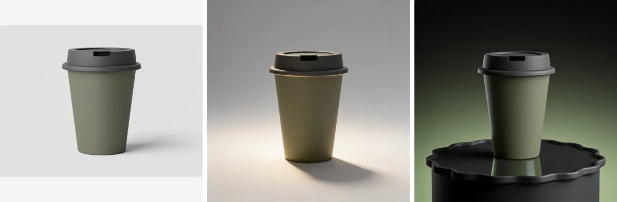 One cup shot three ways: studio white, warm spotlight, and a dark green set
