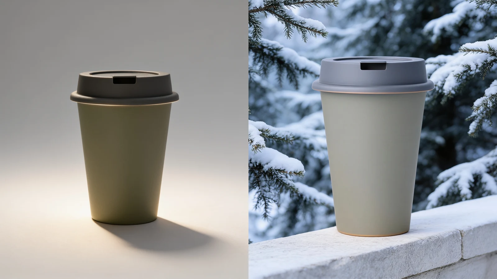 Olive Travel Cup shown as a cutout, studio product image, winter scene, and motion frame.