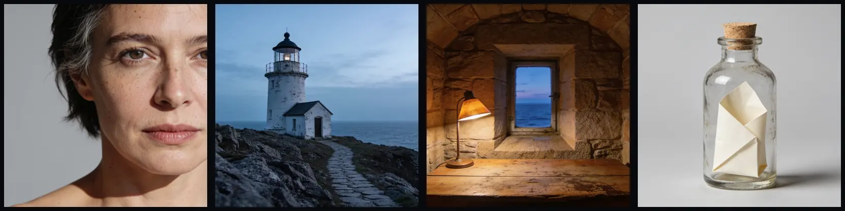 Reference images for Elin, the lighthouse, the keeper's room, and the message bottle.