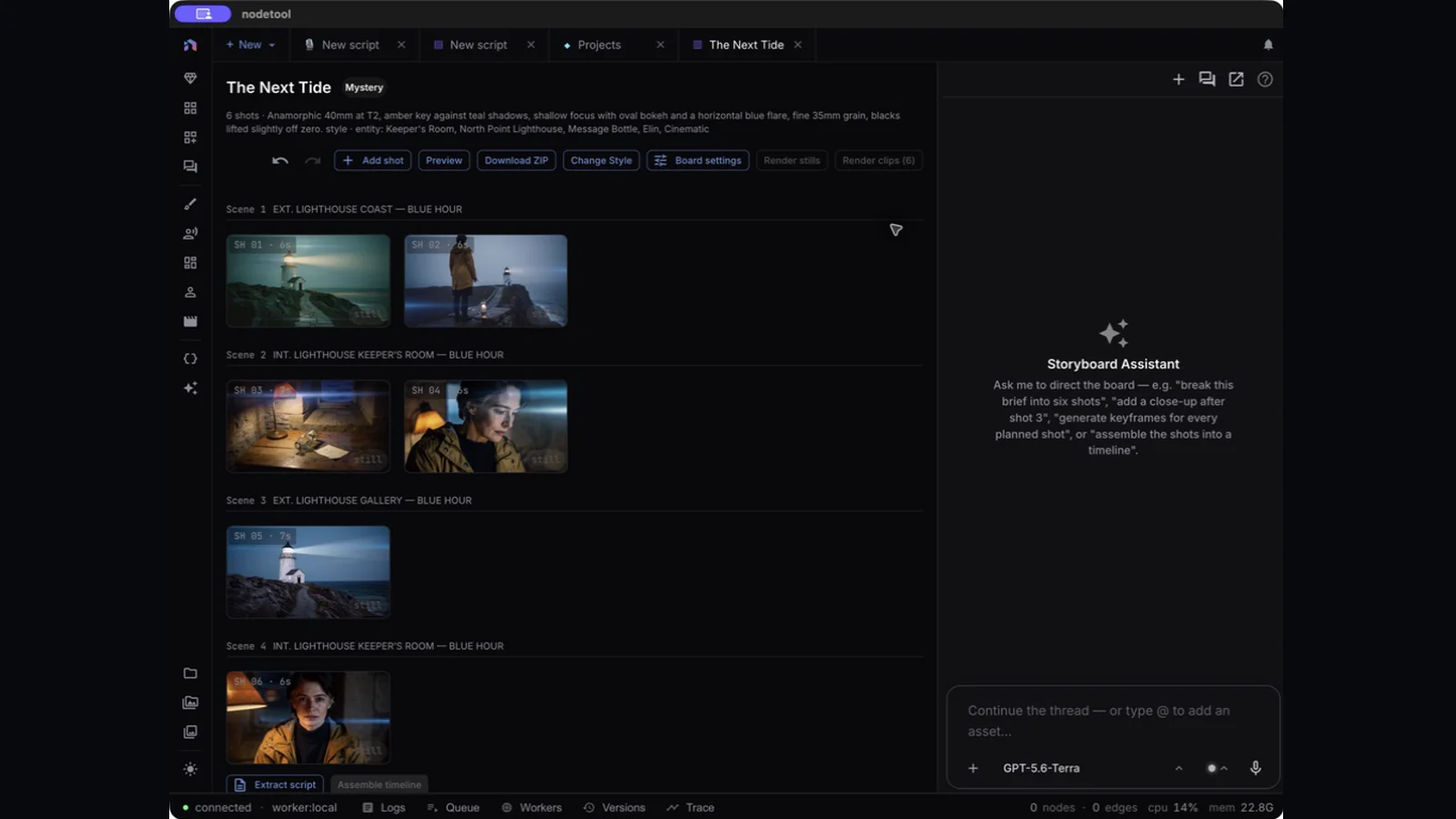 NodeTool Storyboard view showing the six-shot board for The Next Tide.