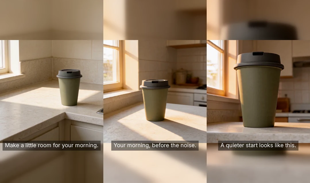 Three opening compositions for the same Olive Travel Cup ad.