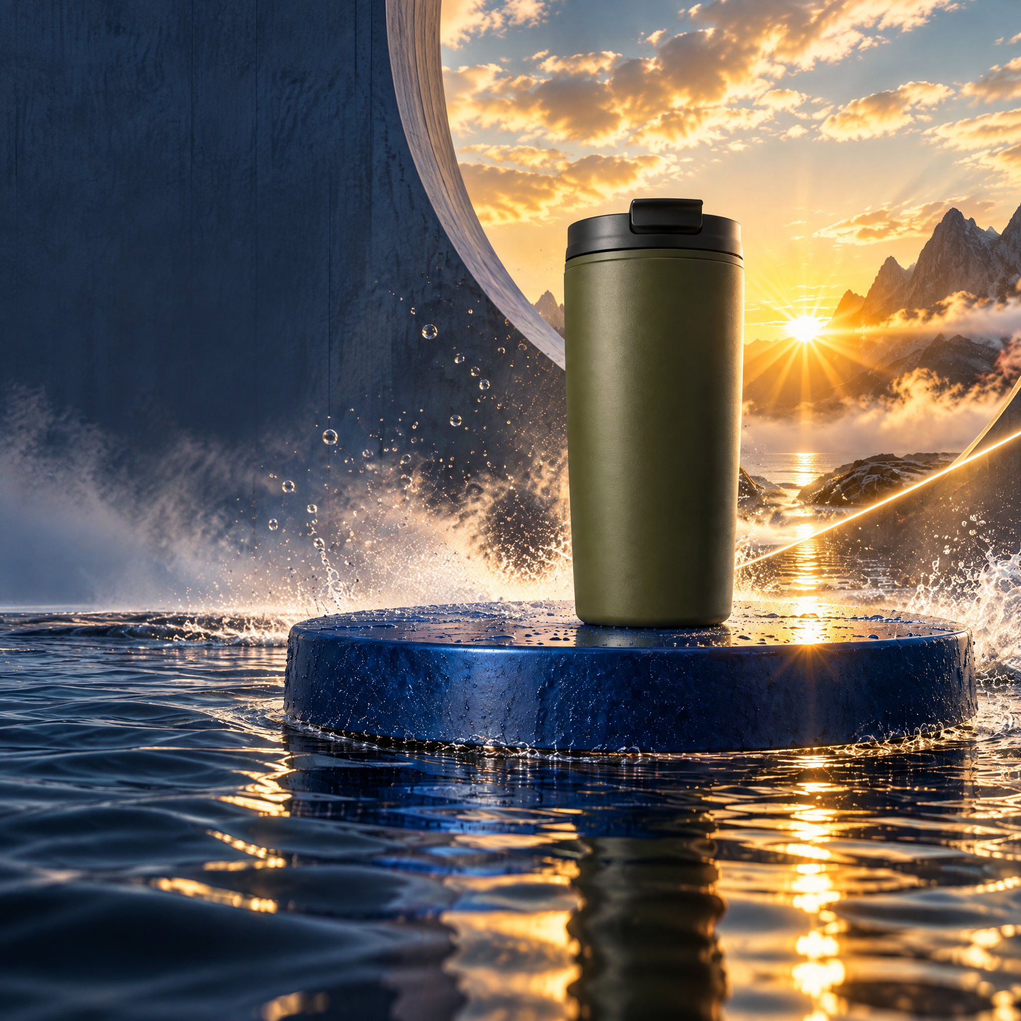 Square campaign image of an olive travel cup against cobalt architecture and an amber sunrise.