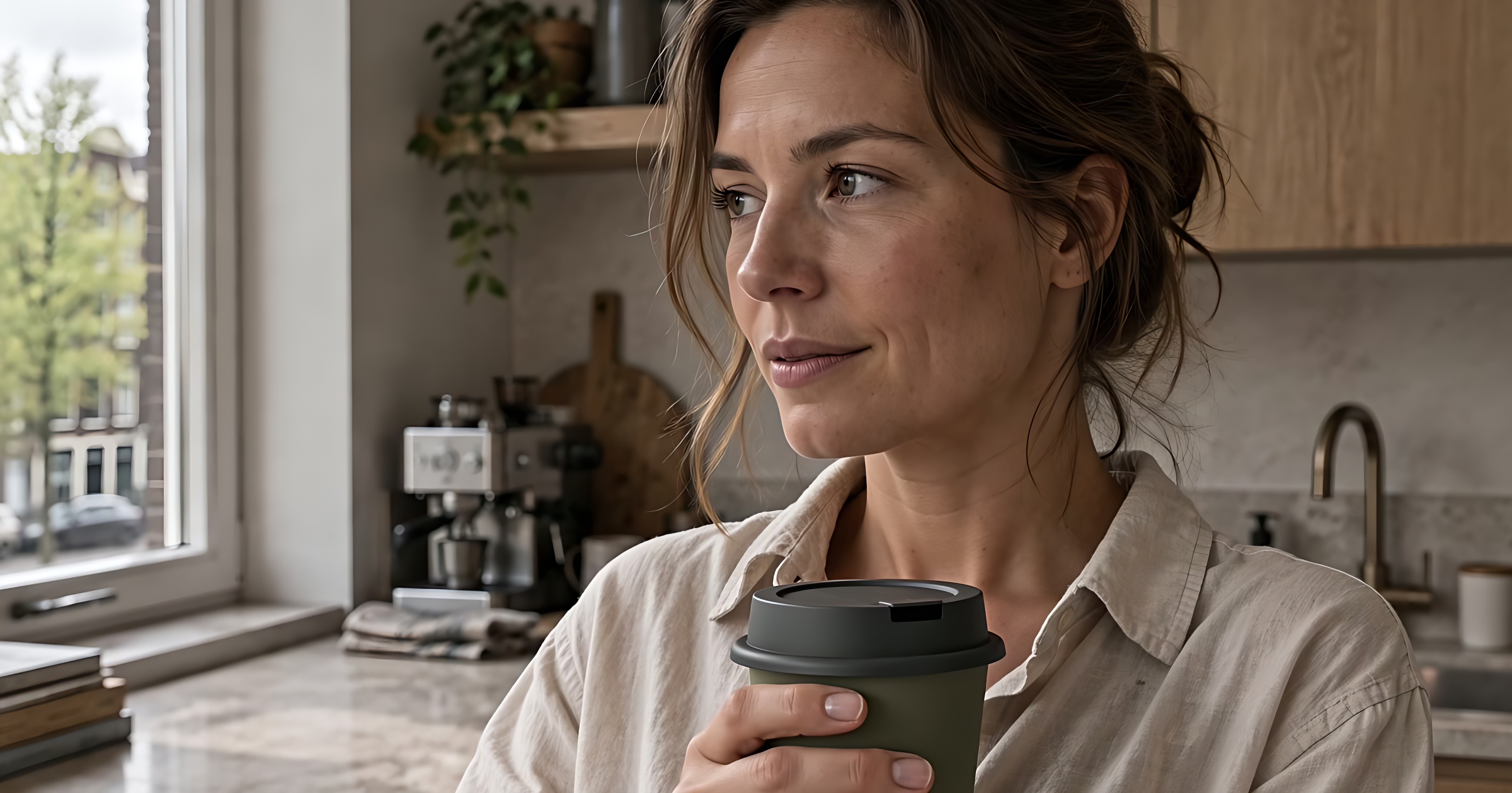 Woman holding an olive travel cup in a softly lit kitchen.