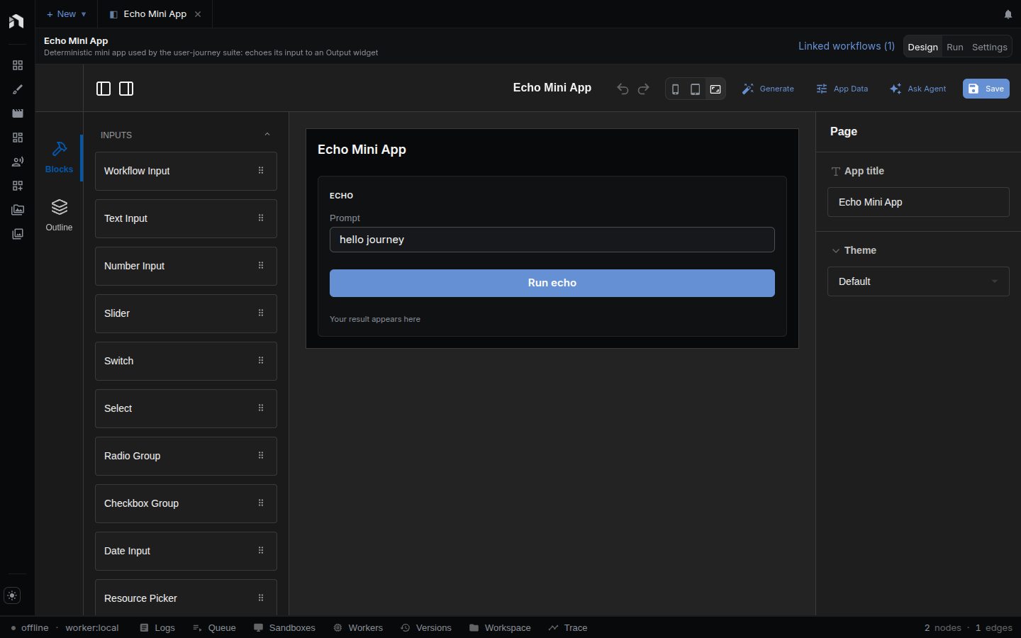 NodeTool's app builder in Design view: a palette of widgets (text input, slider, switch, select, date input, resource picker) on the left, a mini app screen in the middle with a prompt field and a Run button, and a page inspector with app title and theme on the right