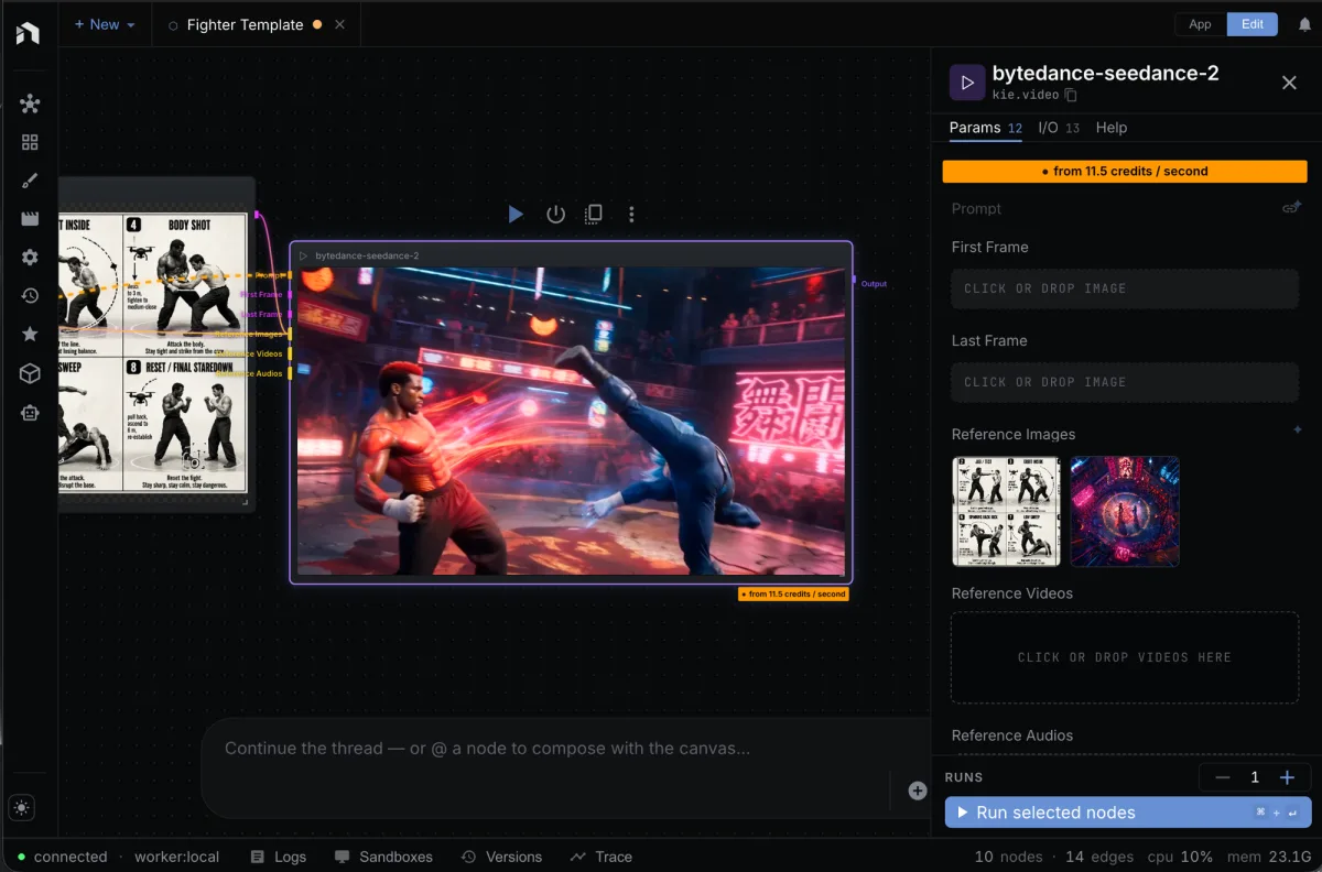 NodeTool canvas: nodes for image, video, and text models wired together