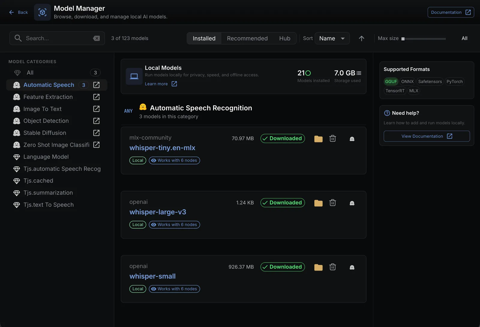 Model manager interface showing Hugging Face integration
