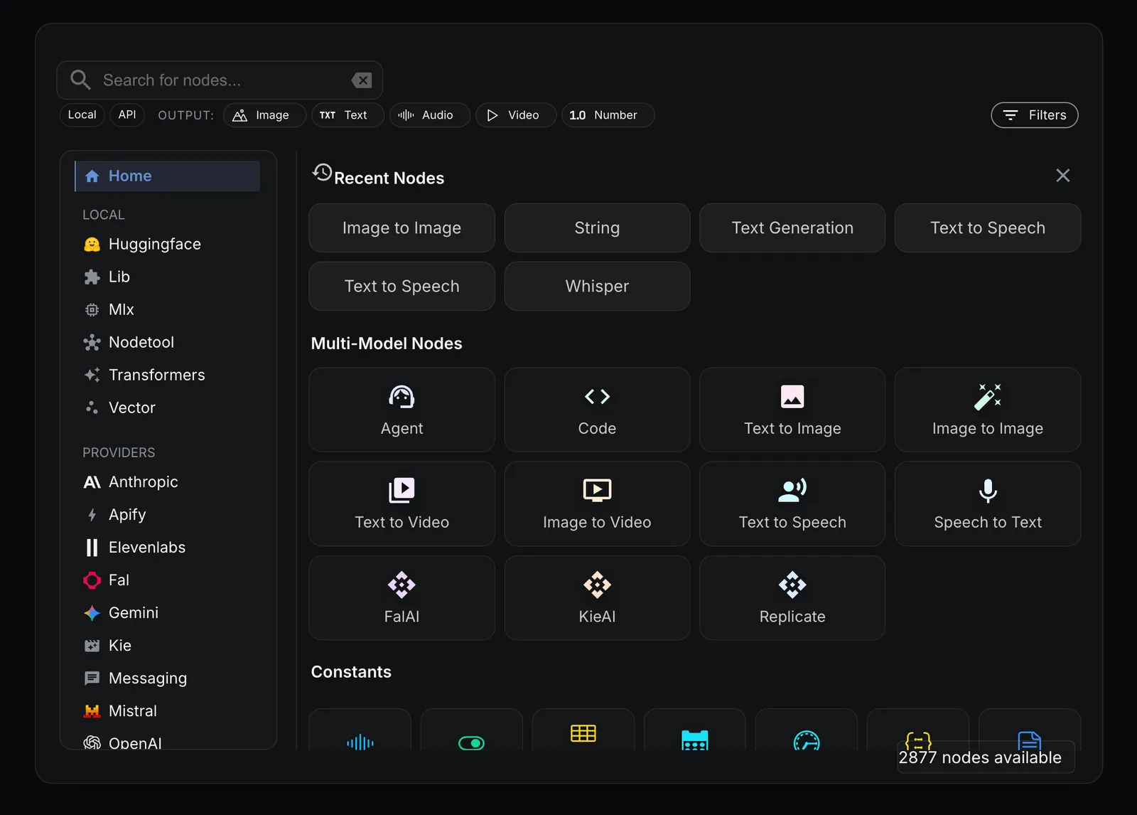 Node menu showing all available node types