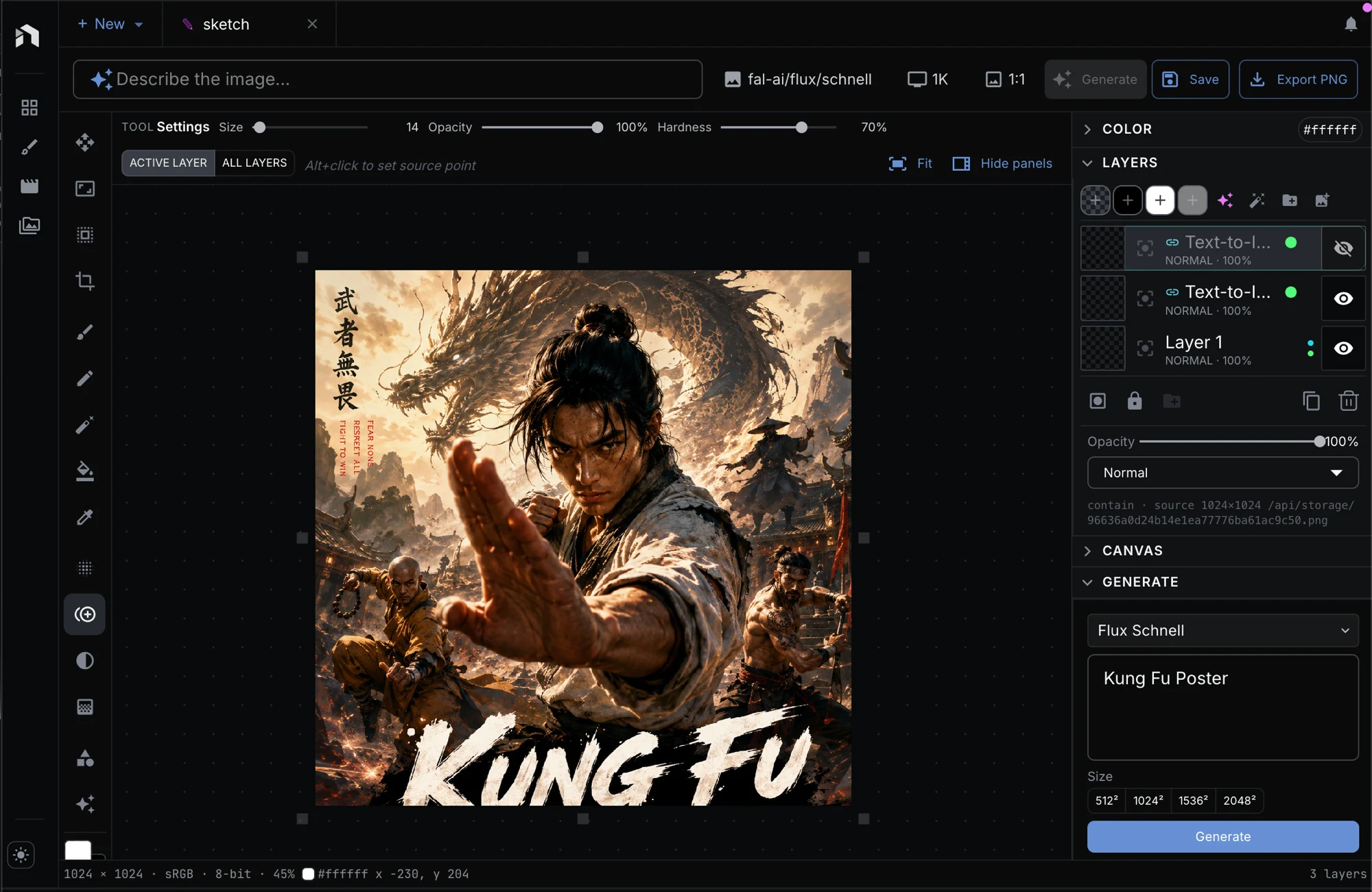 NodeTool's built-in sketch editor: a layered canvas holding an AI-generated 'Kung Fu' movie poster, with a brush toolbar and brush settings across the top, a color picker and a layers panel with text-to-image layers on the right, and a 'Describe the image' generate bar with a Flux Schnell model selector and an Export PNG button
