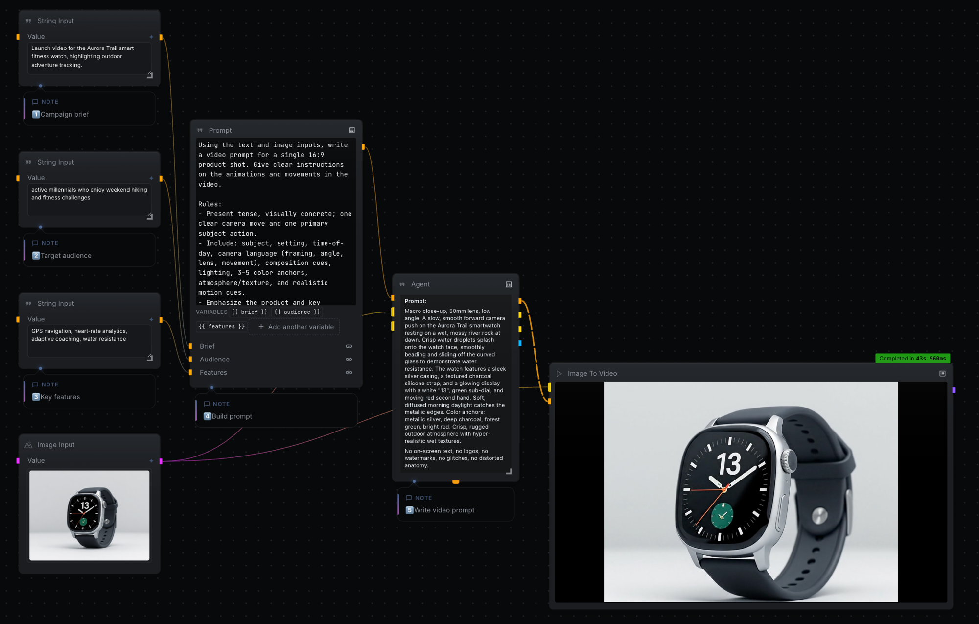 Node workflow turning a campaign brief and product photo into a generated product video