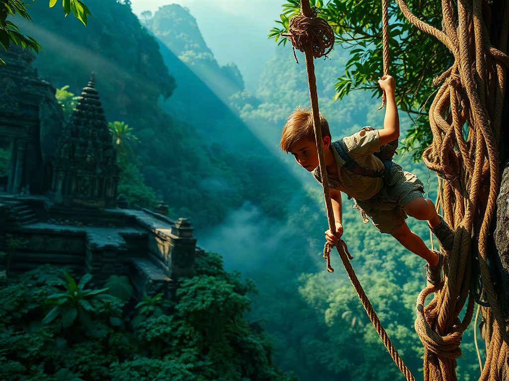 Young explorer in torn khaki dangling from a fraying rope bridge above a jungle chasm, ancient temple ruins visible through coiling green mist far below, extreme low upward angle, saturated emerald and amber palette, tropical shafts of light lancing the canopy.