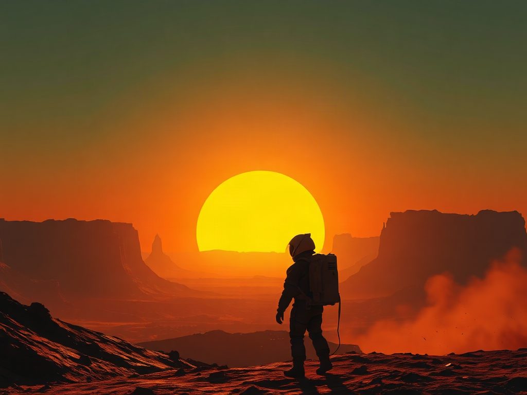 Lone astronaut silhouetted against twin amber suns sinking below a vast crimson canyon on an alien world, cold teal sky bleeding into burnt orange above, low-angle wide shot, swirling ochre dust catching the last rays of dying light.