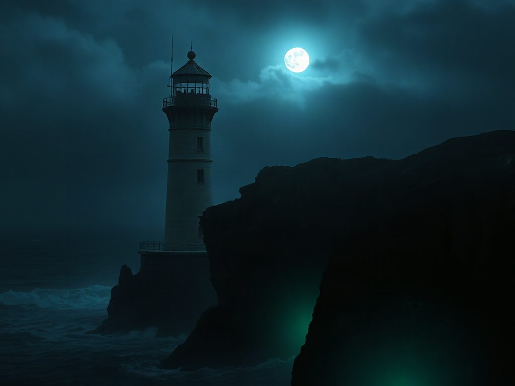 Decayed Victorian lighthouse clinging to a jagged midnight cliff, a single pale pulse of light at its crown, black churning sea below, cold blue-white moonlight piercing dense fog, extreme wide establishing shot, sickly green luminescence bleeding from the rocks.