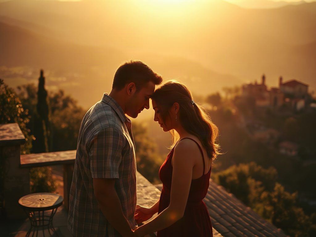 Two silhouettes pressed close on a sun-flooded Tuscan hillside terrace, golden hour amber washing every surface, warm honey haze diffusing olive groves and terracotta rooftops stretching into the valley beyond, centered intimate medium shot, soft radiant backlight.