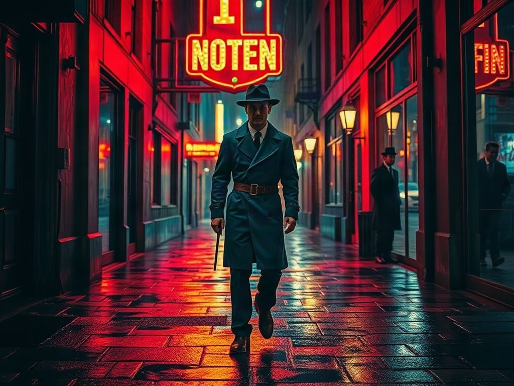 Rain-soaked detective in a belted trench coat frozen mid-stride beneath a flickering neon sign in a 1940s city alley, deep crimson and cobalt reflections shimmering on wet cobblestones, high-contrast noir lighting, centered hero shot, cigarette smoke spiraling upward.