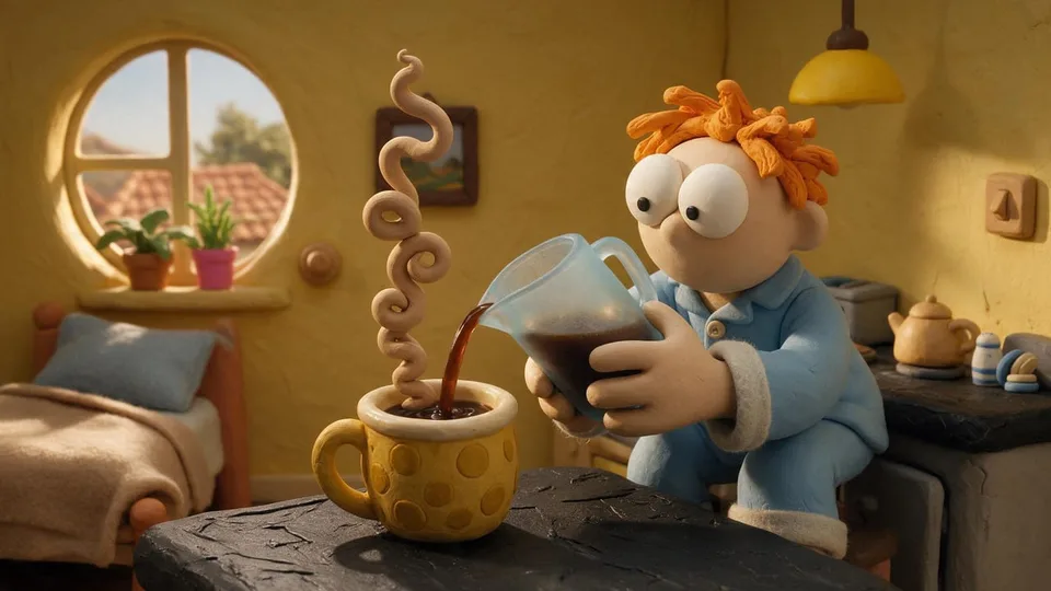 Coffee pouring into a yellow mug, sculpted clay steam.