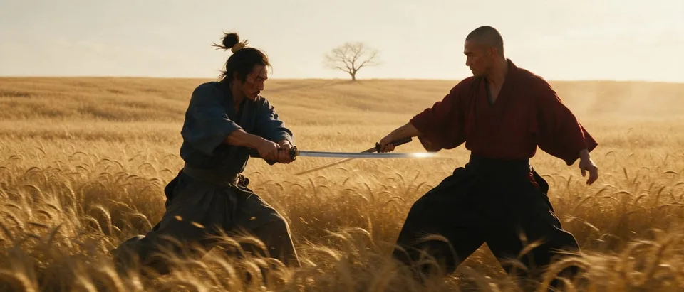 Both men sprint toward each other through the wheat with drawn katanas, the ronin in indigo from the left and the duelist in crimson from the right. They meet in the middle and trade a fast exchange of blows, three clean steel-on-steel clashes with sparks, the duelist driving the ronin back a step, the ronin turning the blade aside. Then they pass each other in one final slash and run out of contact.