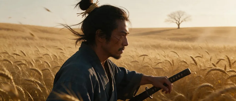 The ronin alone in a medium close-up, scar over his left eye, hair stirring in the wind, facing right toward his unseen opponent, one hand resting on the hilt of his sheathed katana. Nobody else is in the frame.