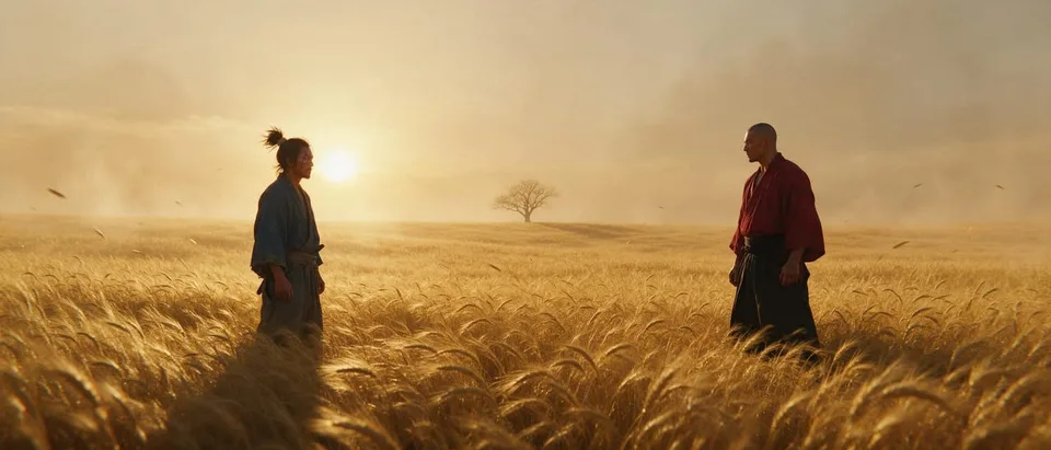 Two small figures far apart in the wheat, the ronin on the left, the duelist on the right, the tree between them on the horizon.
