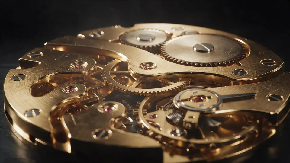 Extreme macro of a gold gear train filling the whole frame, tiny red jewels glowing between the wheels. Only gears, no watch case or dial in the shot.