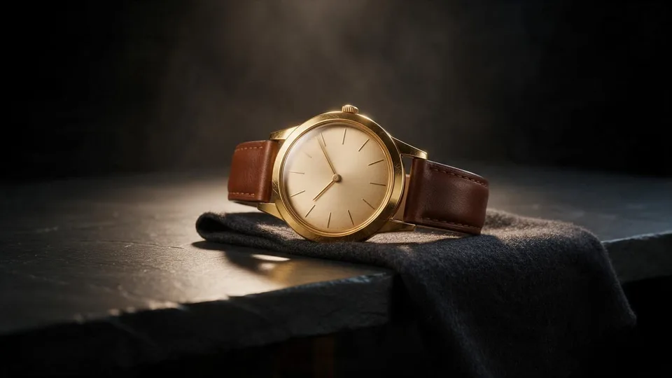 The watch lies on a dark table edge on a folded charcoal wool cloth, the dial glowing. No people, no wrist and no hands in the shot.