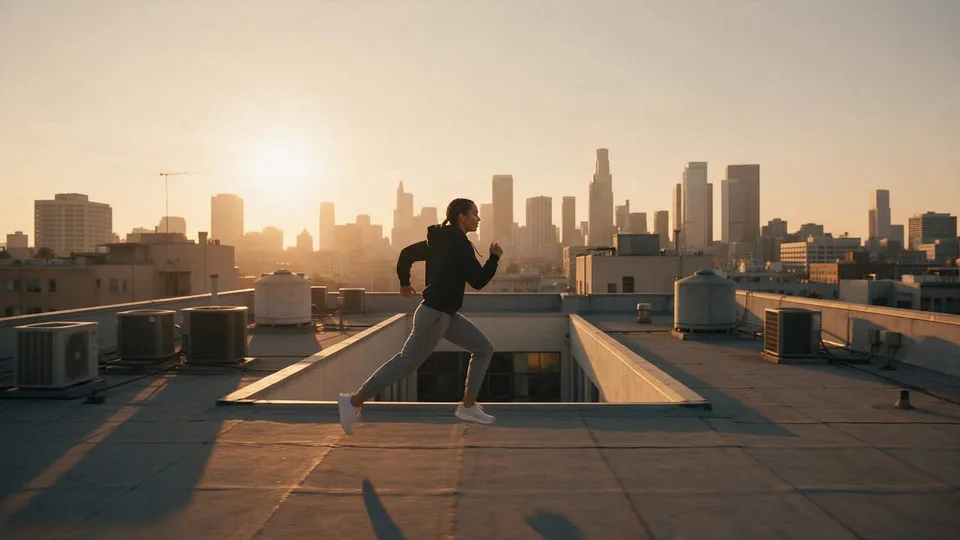 Runner sprinting across a flat rooftop toward the edge.