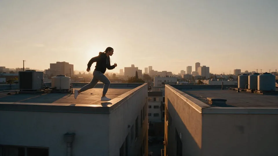 Runner standing at the roof edge, silhouetted against the sun.