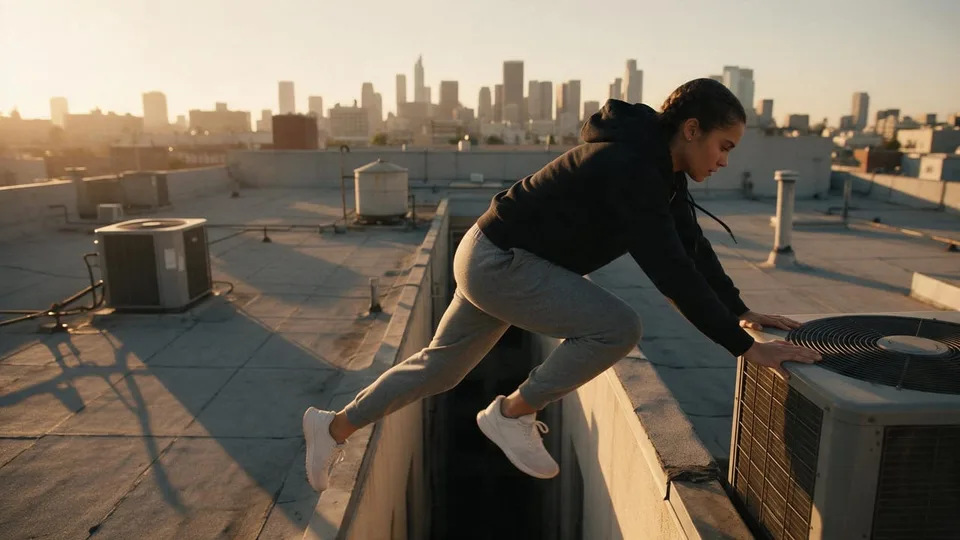 Runner vaulting over a metal AC unit.