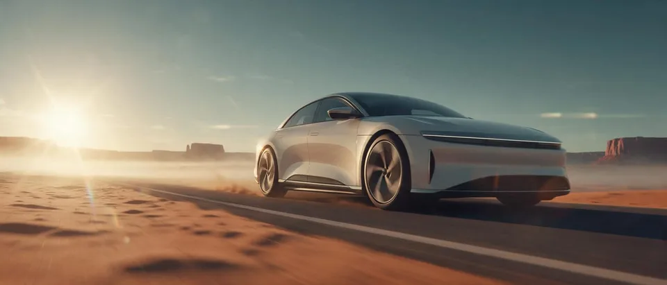 The car glides past very close to the camera at road level, sand lifting in a thin line behind it.